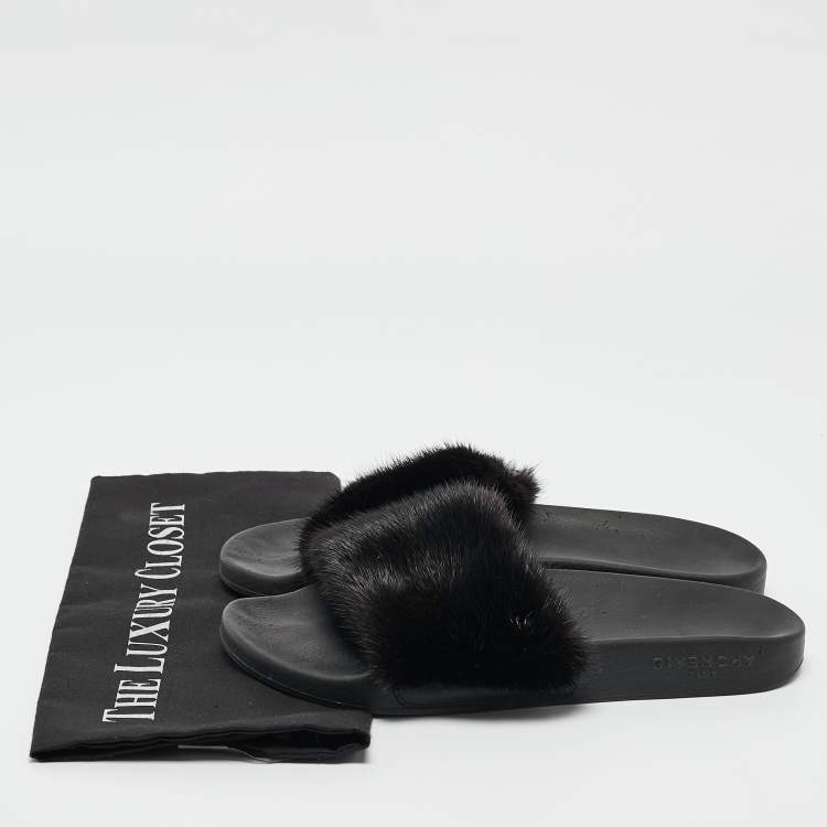 Pre Owned Givenchy Black Mink Fur Flat Slides Size 39