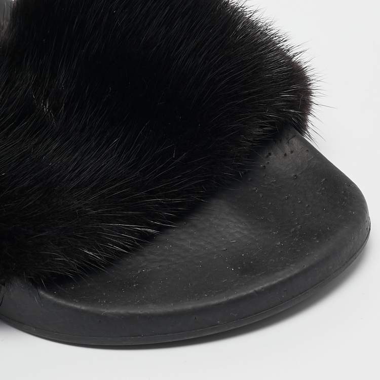 Pre Owned Givenchy Black Mink Fur Flat Slides Size 39