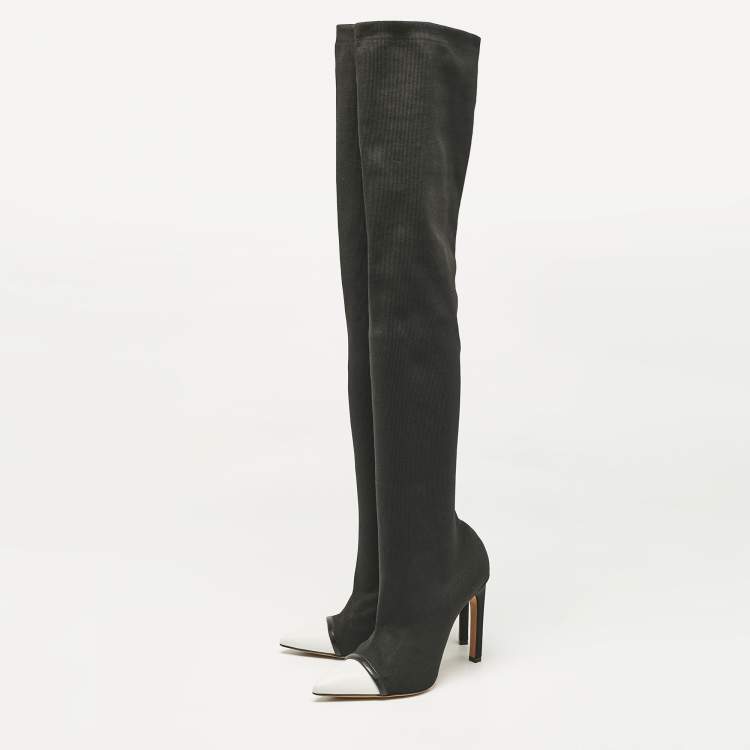 Pre Owned Givenchy Black/White Knit Fabric Over The Knee Boots Size 38