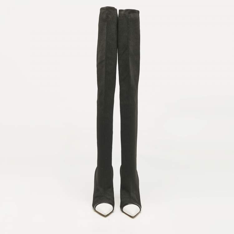 Pre Owned Givenchy Black/White Knit Fabric Over The Knee Boots Size 38