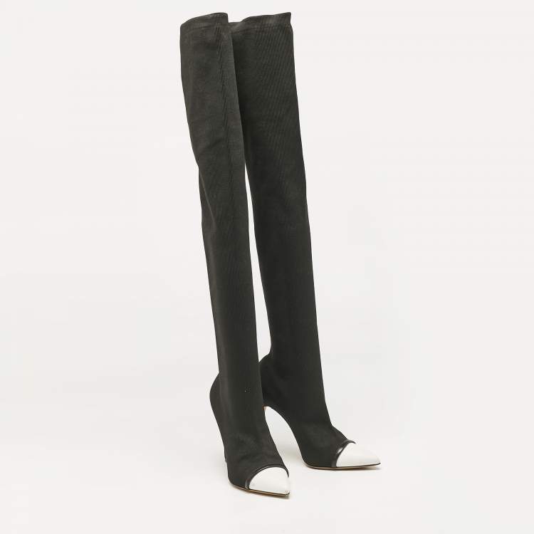 Pre Owned Givenchy Black/White Knit Fabric Over The Knee Boots Size 38