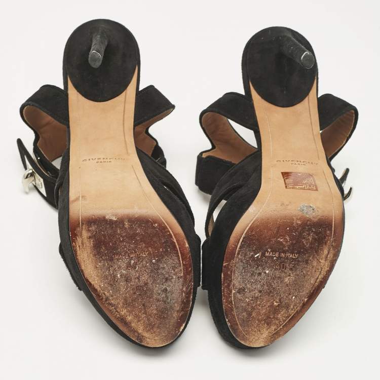 Pre Owned Givenchy Black Suede Shark Lock Ankle Strap Sandals Size 40