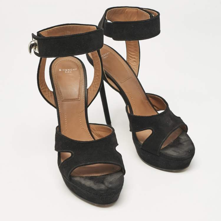 Pre Owned Givenchy Black Suede Shark Lock Ankle Strap Sandals Size 40
