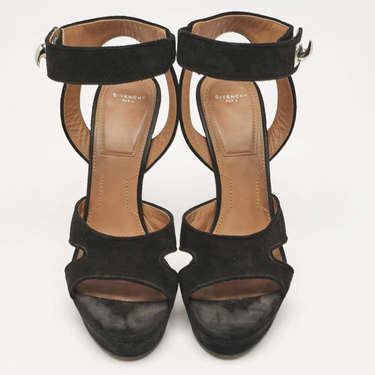 Pre Owned Givenchy Black Suede Shark Lock Ankle Strap Sandals Size 40