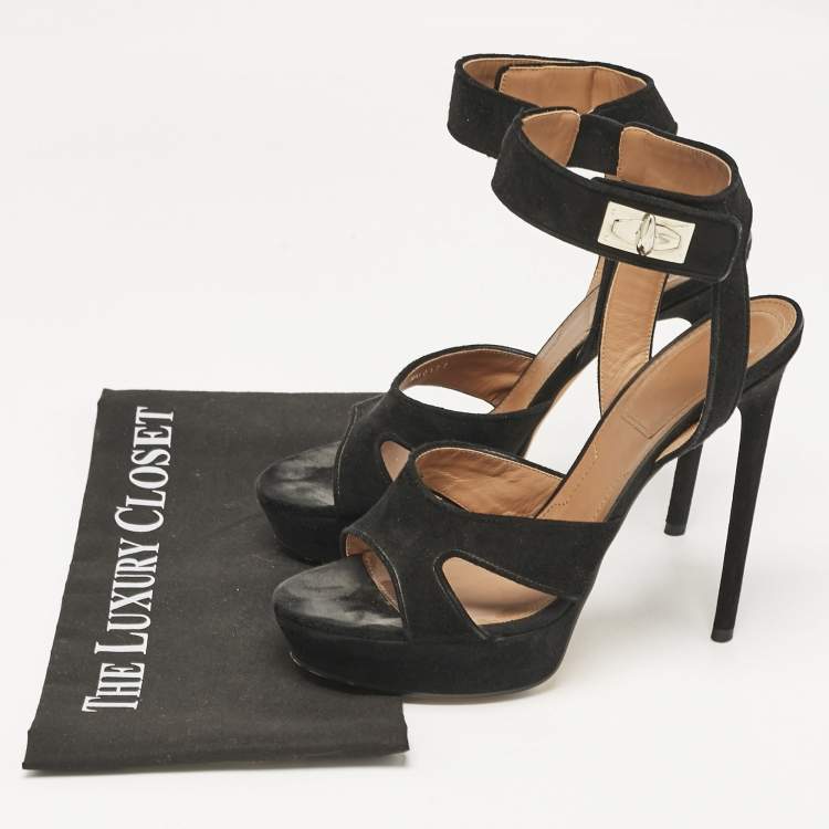 Pre Owned Givenchy Black Suede Shark Lock Ankle Strap Sandals Size 40