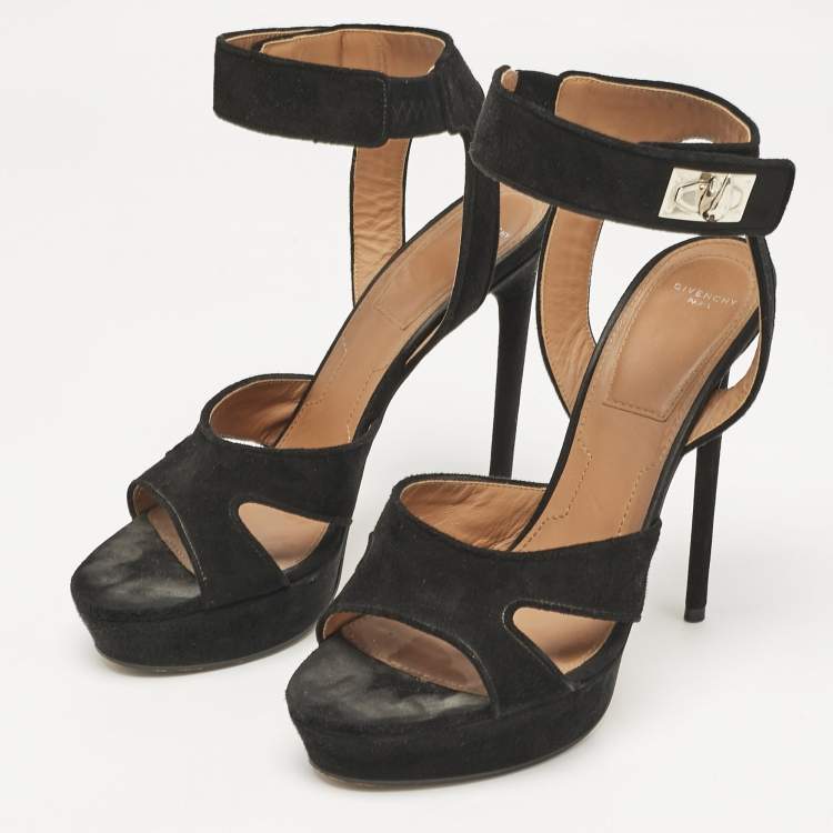 Pre Owned Givenchy Black Suede Shark Lock Ankle Strap Sandals Size 40