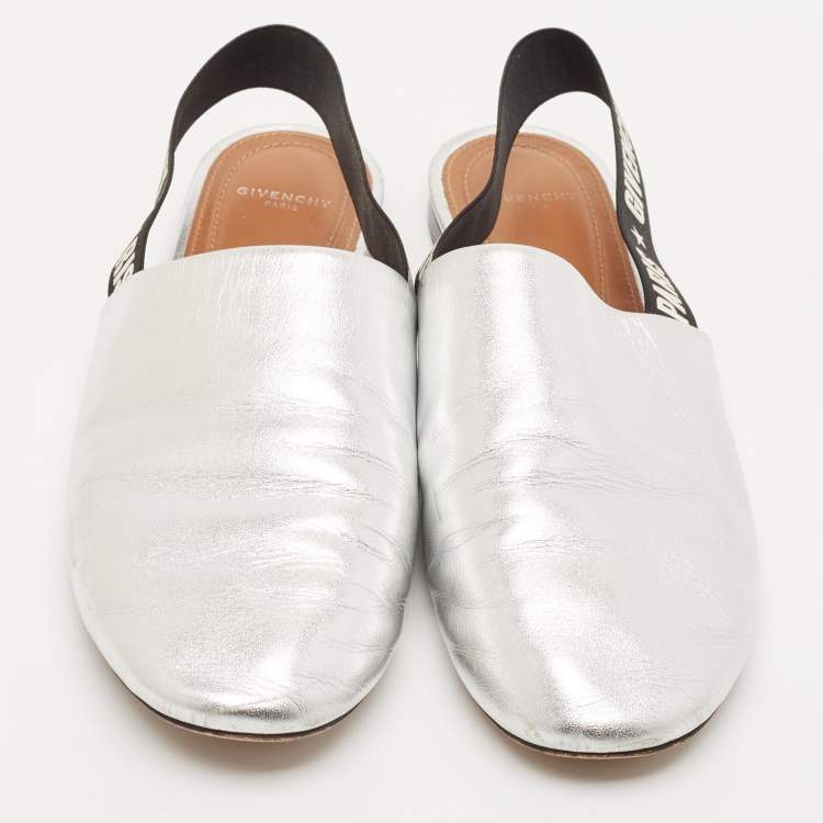 Pre Owned Givenchy Sliver Leather Rivington Logo Slingback Flat Mules Size 38