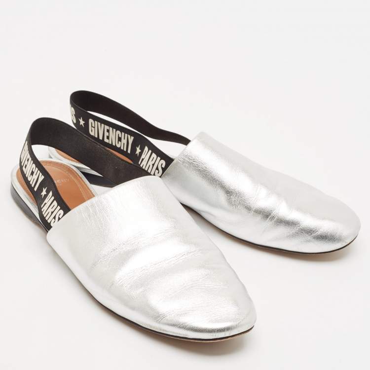 Pre Owned Givenchy Sliver Leather Rivington Logo Slingback Flat Mules Size 38