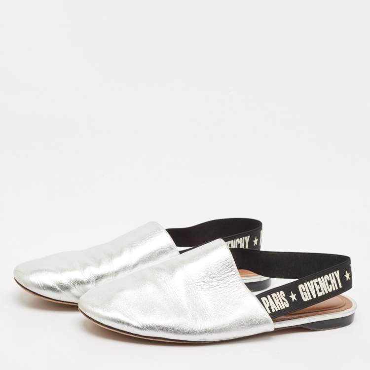 Pre Owned Givenchy Sliver Leather Rivington Logo Slingback Flat Mules Size 38