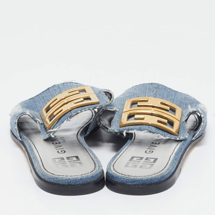 Pre Owned Givenchy Blue Denim 4G Flat Slides Size 38