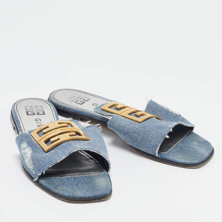 Pre Owned Givenchy Blue Denim 4G Flat Slides Size 38