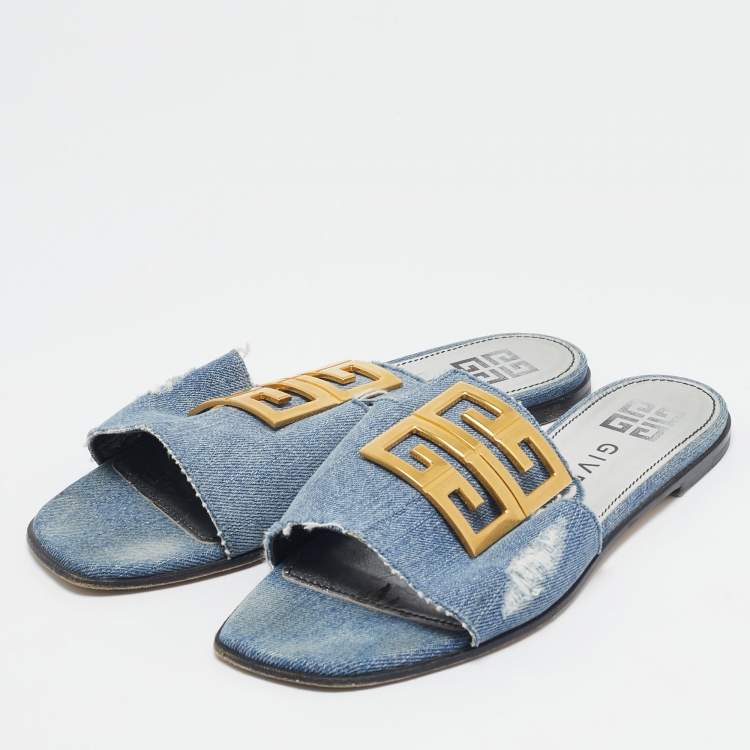 Pre Owned Givenchy Blue Denim 4G Flat Slides Size 38