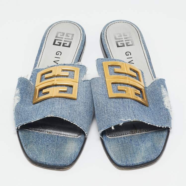 Pre Owned Givenchy Blue Denim 4G Flat Slides Size 38