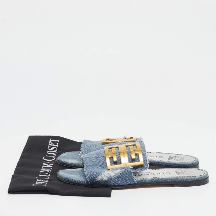 Pre Owned Givenchy Blue Denim 4G Flat Slides Size 38