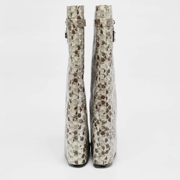 Pre Owned Givenchy Brown/Cream Python Embossed Leather Shark Tooth Knee Length Boots Size 39