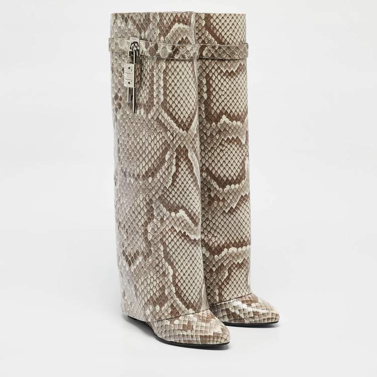 Pre Owned Givenchy Brown/Cream Python Embossed Leather Shark Tooth Knee Length Boots Size 39