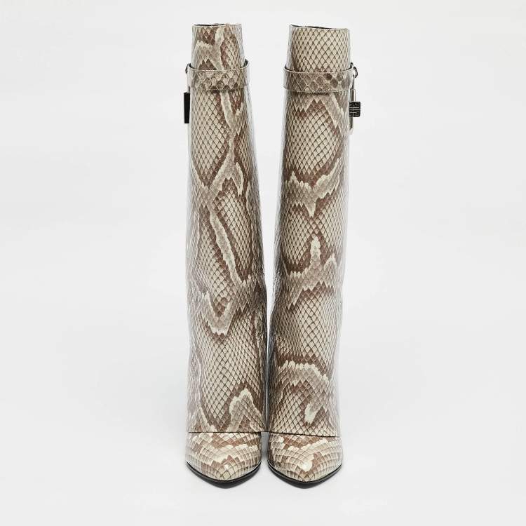 Pre Owned Givenchy Brown/Cream Python Embossed Leather Shark Tooth Knee Length Boots Size 39