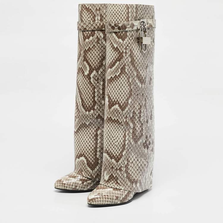 Pre Owned Givenchy Brown/Cream Python Embossed Leather Shark Tooth Knee Length Boots Size 39