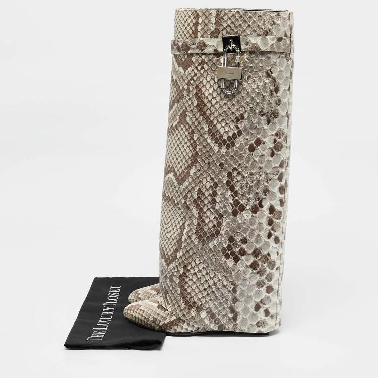 Pre Owned Givenchy Brown/Cream Python Embossed Leather Shark Tooth Knee Length Boots Size 39