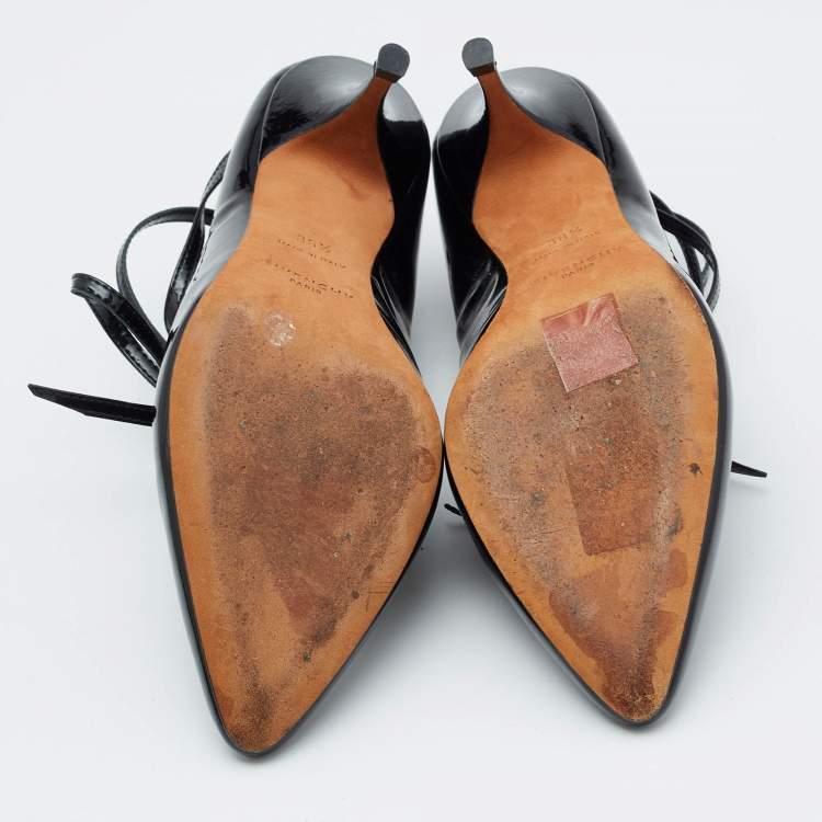 Pre Owned Givenchy Black Patent Leather Lace Up Mules Size 36.5