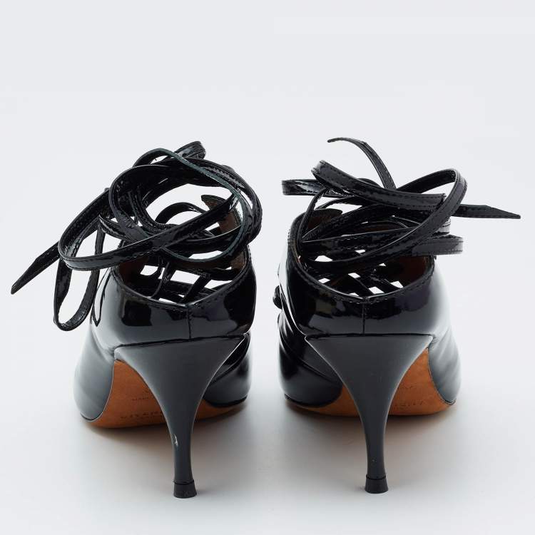 Pre Owned Givenchy Black Patent Leather Lace Up Mules Size 36.5