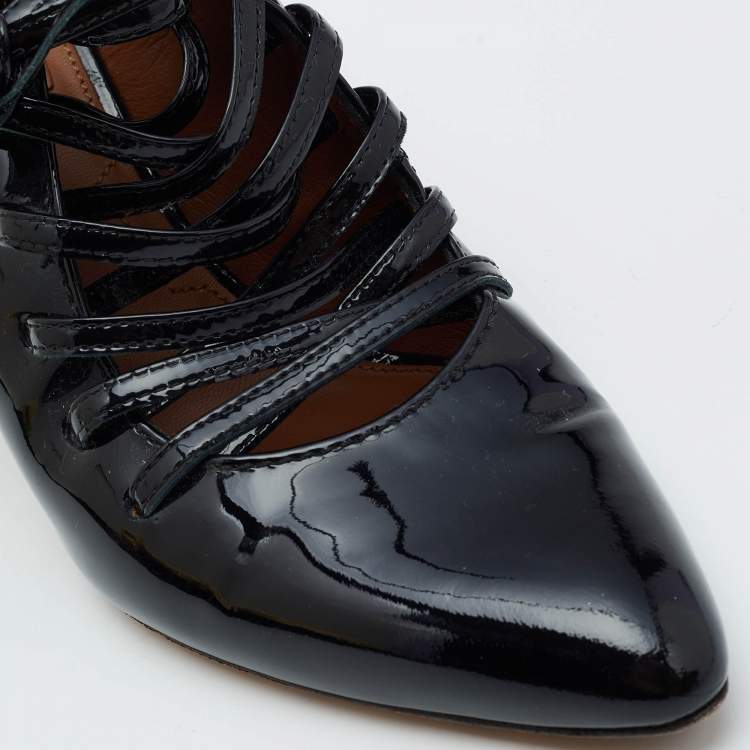 Pre Owned Givenchy Black Patent Leather Lace Up Mules Size 36.5
