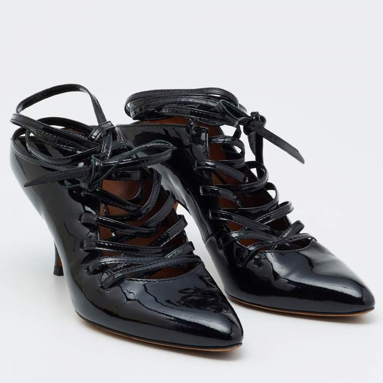 Pre Owned Givenchy Black Patent Leather Lace Up Mules Size 36.5
