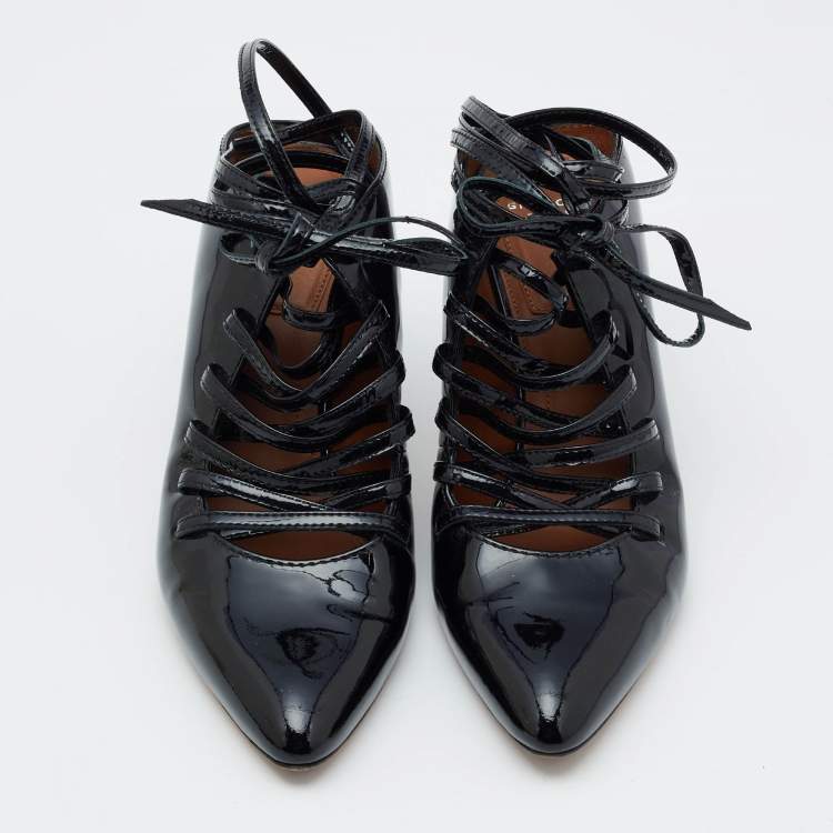 Pre Owned Givenchy Black Patent Leather Lace Up Mules Size 36.5