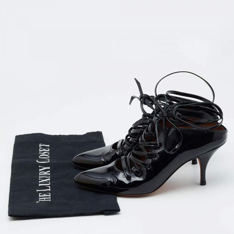 Pre Owned Givenchy Black Patent Leather Lace Up Mules Size 36.5