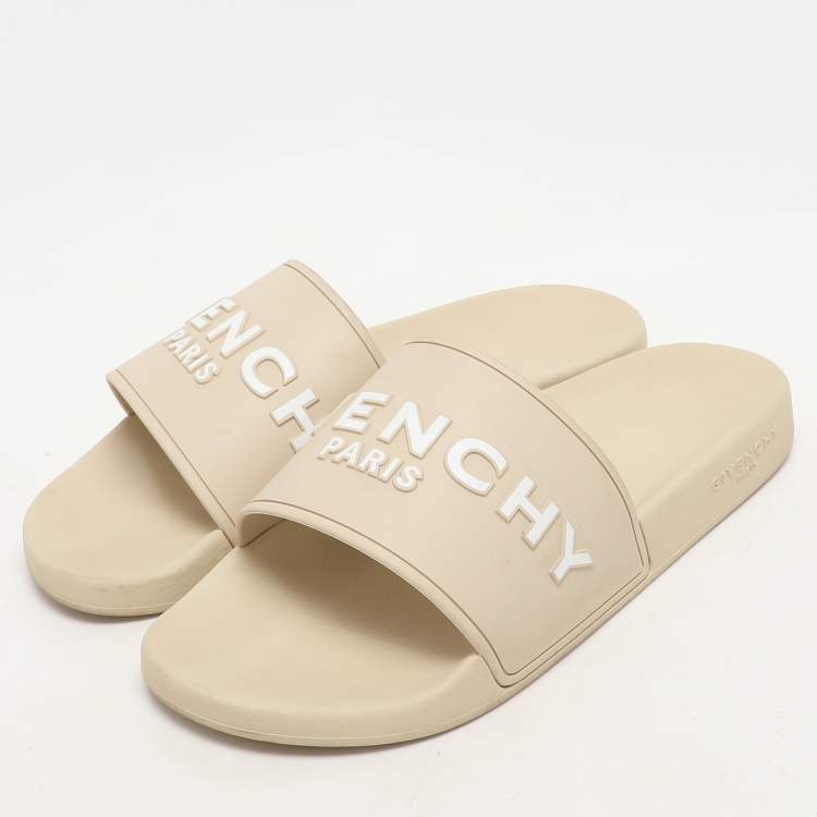Pre Owned Givenchy Cream Rubber Logo Slide Sandals Size 44