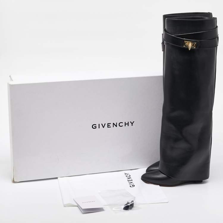 Pre Owned Givenchy Black Leather Shark Lock Fold Over Knee Length Boots Size 36
