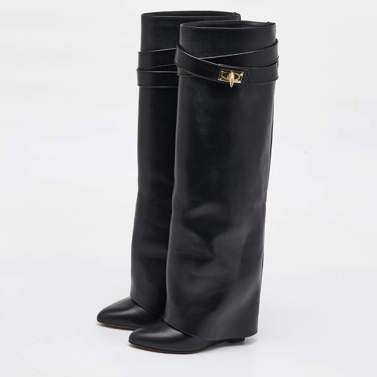 Pre Owned Givenchy Black Leather Shark Lock Fold Over Knee Length Boots Size 36