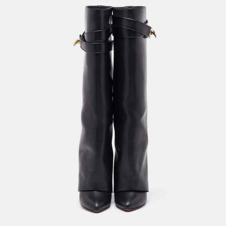 Pre Owned Givenchy Black Leather Shark Lock Fold Over Knee Length Boots Size 36