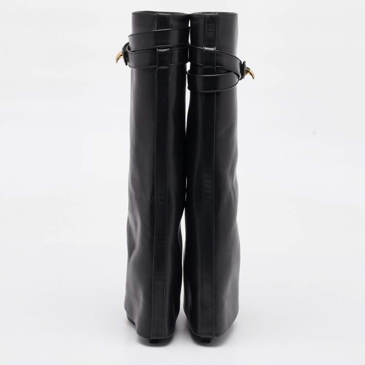 Pre Owned Givenchy Black Leather Shark Lock Fold Over Knee Length Boots Size 36