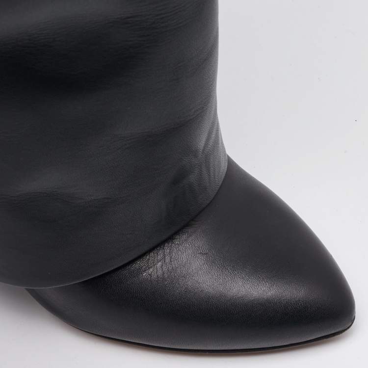 Pre Owned Givenchy Black Leather Shark Lock Fold Over Knee Length Boots Size 36