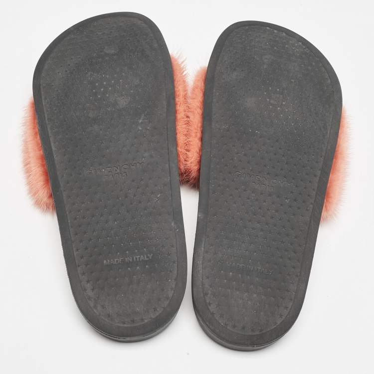 Pre Owned Givenchy Orange/Black Mink Fur and Rubber Pool Flat Slides Size 41