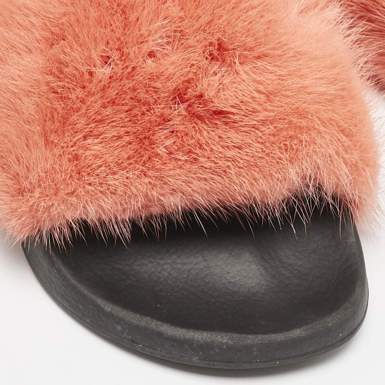 Pre Owned Givenchy Orange/Black Mink Fur and Rubber Pool Flat Slides Size 41