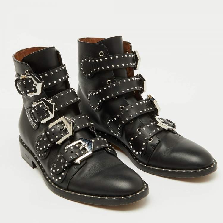 Pre Owned Givenchy Black Leather Studded Buckle Detail Ankle Boots Size 38
