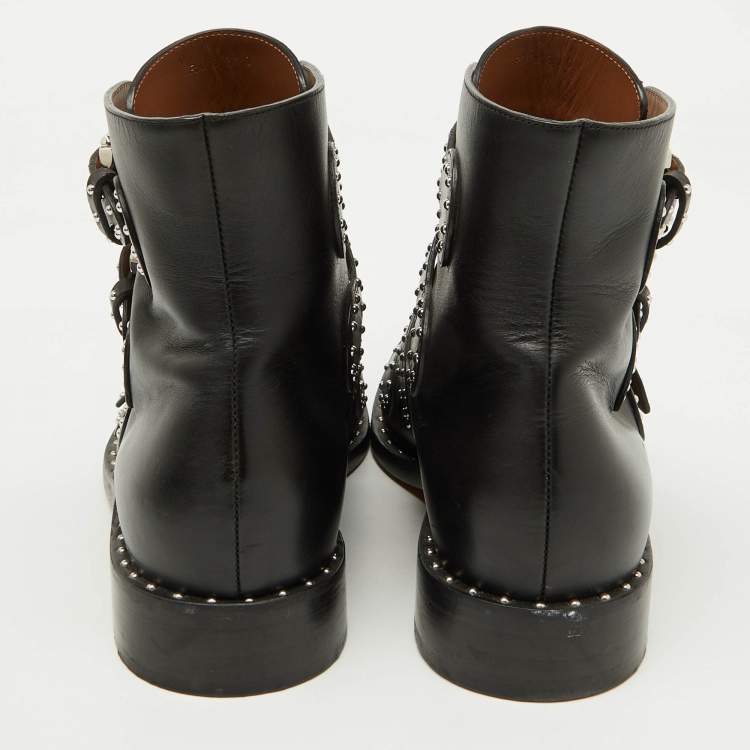 Pre Owned Givenchy Black Leather Studded Buckle Detail Ankle Boots Size 38