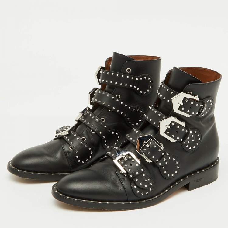 Pre Owned Givenchy Black Leather Studded Buckle Detail Ankle Boots Size 38