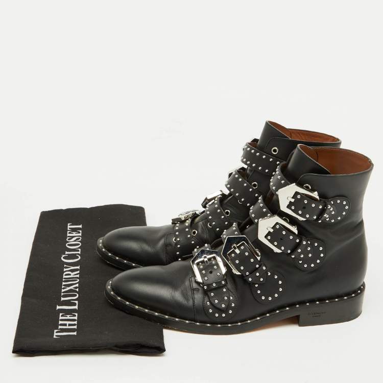 Pre Owned Givenchy Black Leather Studded Buckle Detail Ankle Boots Size 38