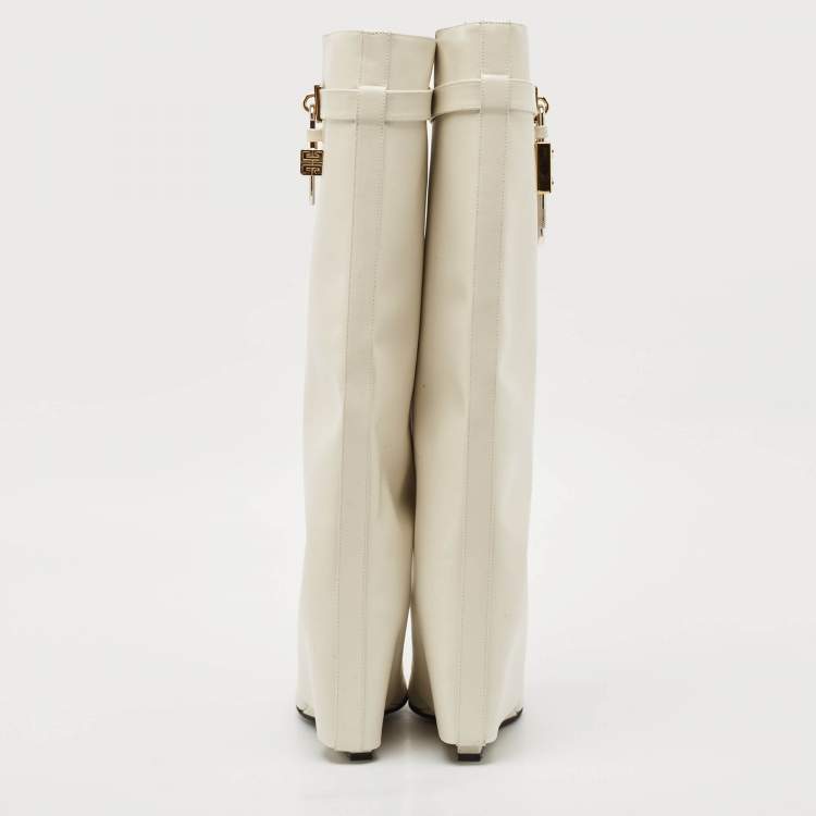 Pre Owned Givenchy White Leather Shark Lock Knee Length Boots Size 39