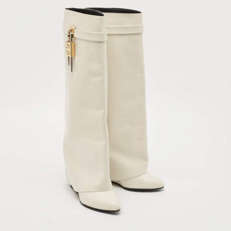 Pre Owned Givenchy White Leather Shark Lock Knee Length Boots Size 39