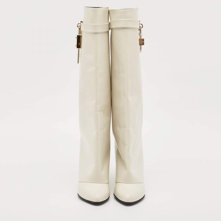 Pre Owned Givenchy White Leather Shark Lock Knee Length Boots Size 39
