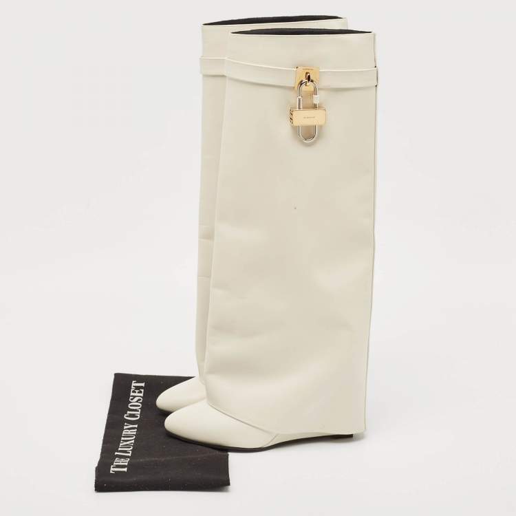Pre Owned Givenchy White Leather Shark Lock Knee Length Boots Size 39