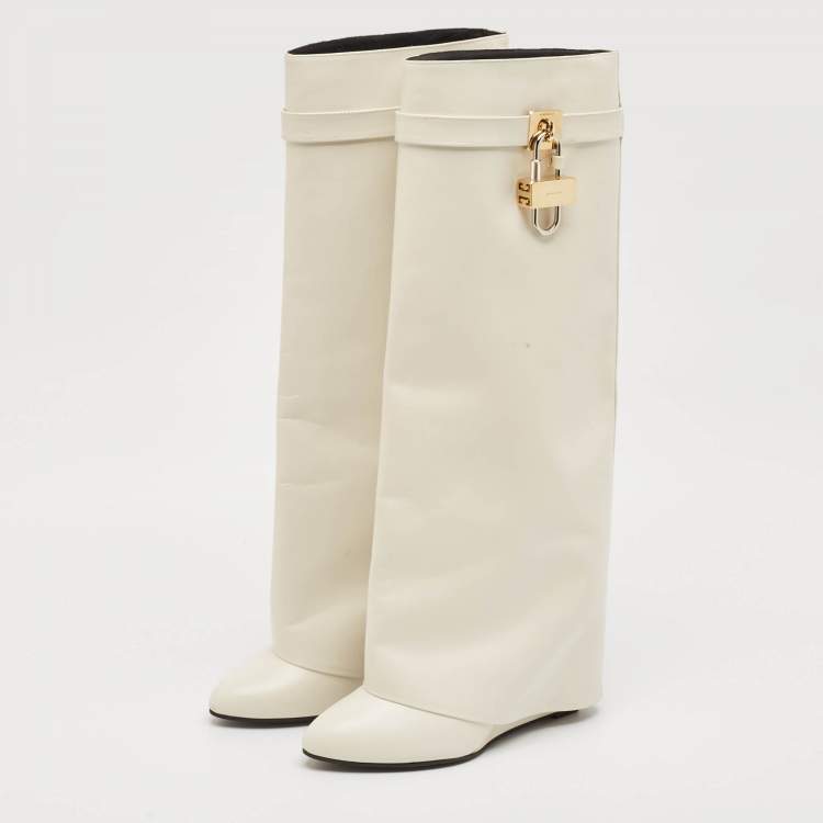 Pre Owned Givenchy White Leather Shark Lock Knee Length Boots Size 39