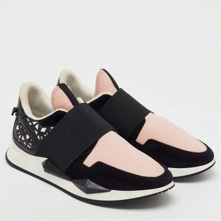 Pre Owned Givenchy Black/Light Pink Neoprene and Leather Runner Elastic Slip On Sneakers Size 39.5