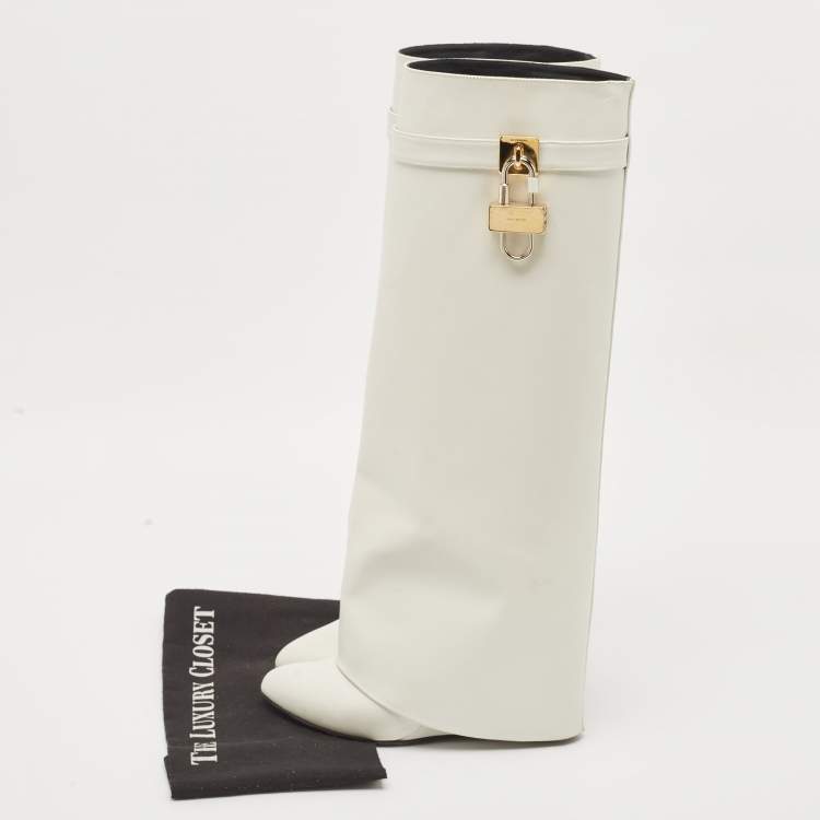 Pre Owned Givenchy White Leather Shark Lock Knee Length Boots Size 40