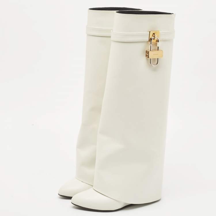 Pre Owned Givenchy White Leather Shark Lock Knee Length Boots Size 40
