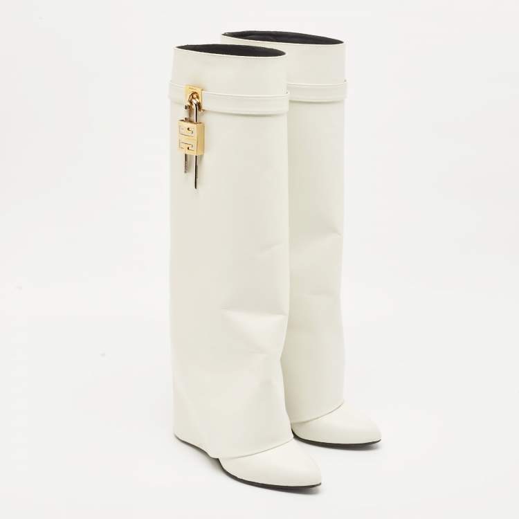 Pre Owned Givenchy White Leather Shark Lock Knee Length Boots Size 40
